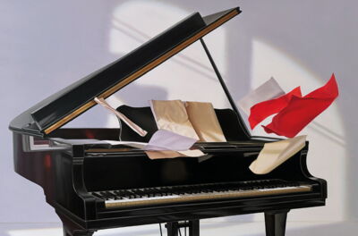 Grand Piano with Flying Sheets II, 2024, 110x160