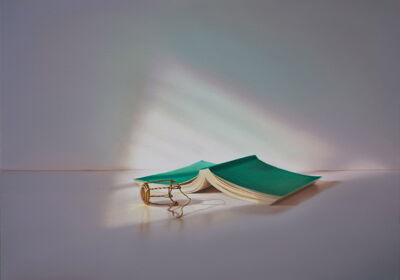 Grünes Buch mit Sektkorken, 2023, 50x70