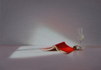 Rotes Buch mit Sektglas, 2024, 50x70
